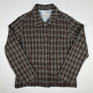 Vintage Monterey Bay Brown Blue Plaid Textured Button Front Jacket Size 14